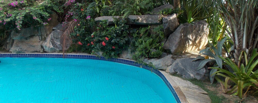 Pool landscaping with natural rocks and plants